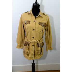 VTG Monique Fashions Womens Khaki art Jacket Belt Pocket Detail Size 4 Cotton